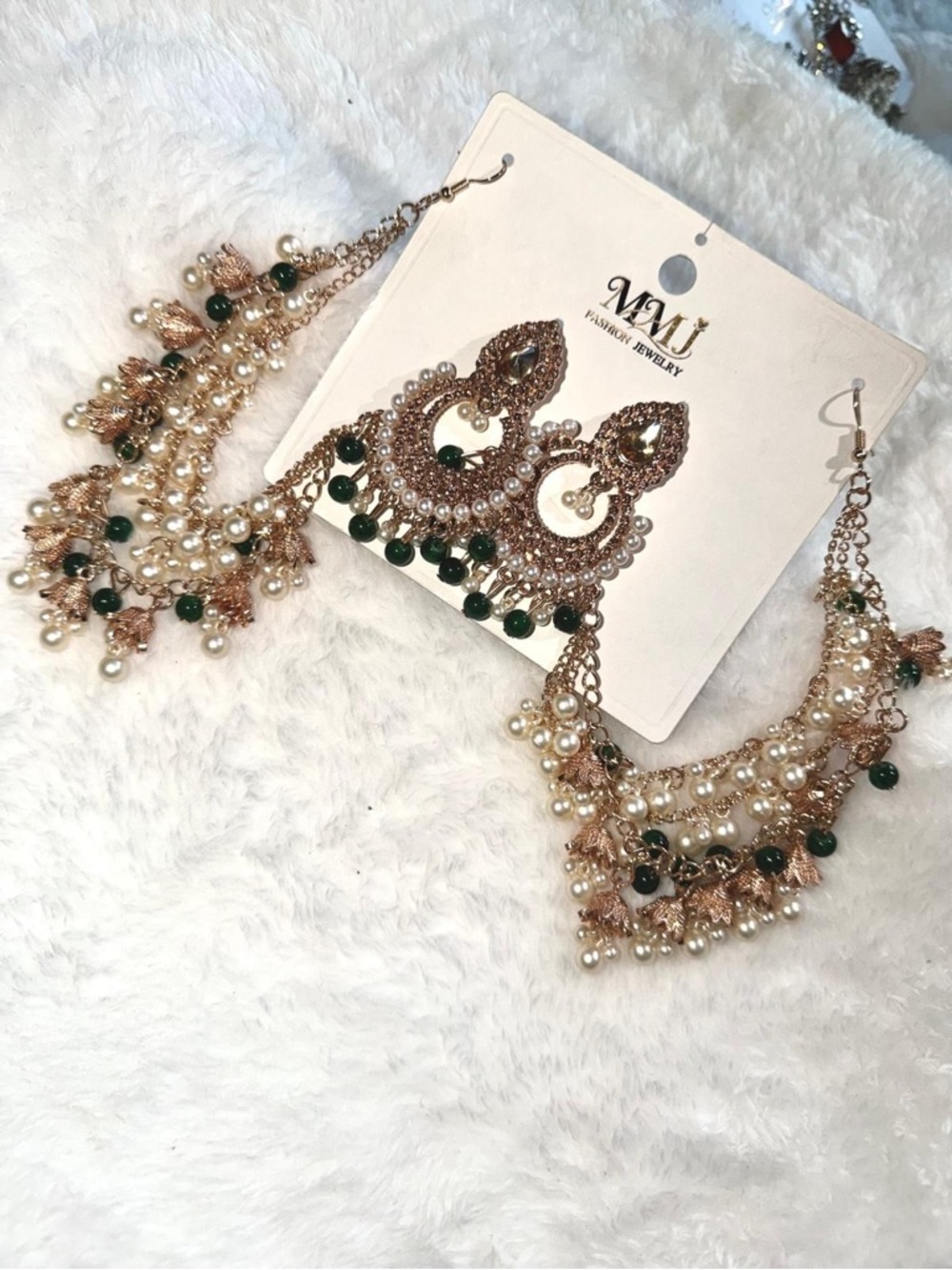 Gold-Tone Pearl & Green Bead Chandelier Jewelry Set